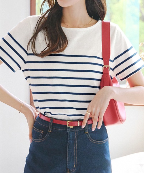 KOBE LETTUCE（コウベレタス）の「[無地/ボーダー柄]コットン100％半袖シンプルTシャツ（Tシャツ/カットソー・レディース・ホワイト系その他3/レッド系その他/ホワイト×ネイビー/ブルー系その他/ブラック/ブルー系その他3/ホワイト系その他2/レモンイエロー/ホワイト系その他6/ホワイト×ブラック/ホワイト×ブルー/ライトカーキ/ネイビー/オフホワイト/ホワイト系その他4/ブラック系その他/ホワイト系その他5/ホワイト×グレー/ホワイト×レッド/ベージュ系その他2/その他2/ブラック系その他4/ブラック系その他3/その他1/ベージュ系その他3/ピンク系その他/その他3/その他4/ホワイト×グリーン/その他5/オレンジ系その他/ベージュ系その他4/ベージュ系その他5/ピンク系/ピンク系1/グリーン系1/グリーン系・FREE）」の9枚目の写真