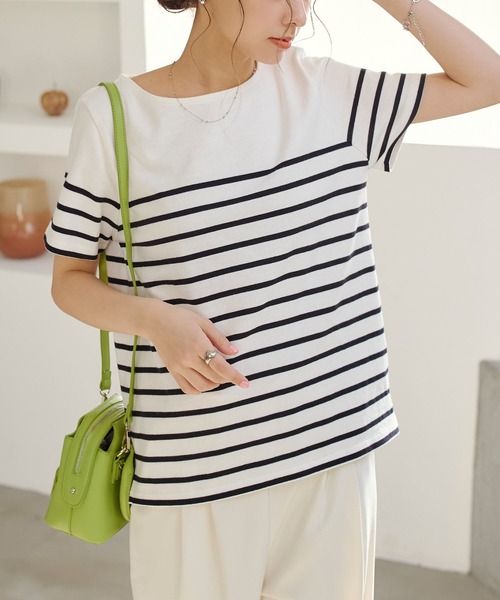 KOBE LETTUCE（コウベレタス）の「[無地/ボーダー柄]コットン100％半袖シンプルTシャツ（Tシャツ/カットソー・レディース・ホワイト系その他3/レッド系その他/ホワイト×ネイビー/ブルー系その他/ブラック/ブルー系その他3/ホワイト系その他2/レモンイエロー/ホワイト系その他6/ホワイト×ブラック/ホワイト×ブルー/ライトカーキ/ネイビー/オフホワイト/ホワイト系その他4/ブラック系その他/ホワイト系その他5/ホワイト×グレー/ホワイト×レッド/ベージュ系その他2/その他2/ブラック系その他4/ブラック系その他3/その他1/ベージュ系その他3/ピンク系その他/その他3/その他4/ホワイト×グリーン/その他5/オレンジ系その他/ベージュ系その他4/ベージュ系その他5/ピンク系/ピンク系1/グリーン系1/グリーン系・FREE）」の10枚目の写真