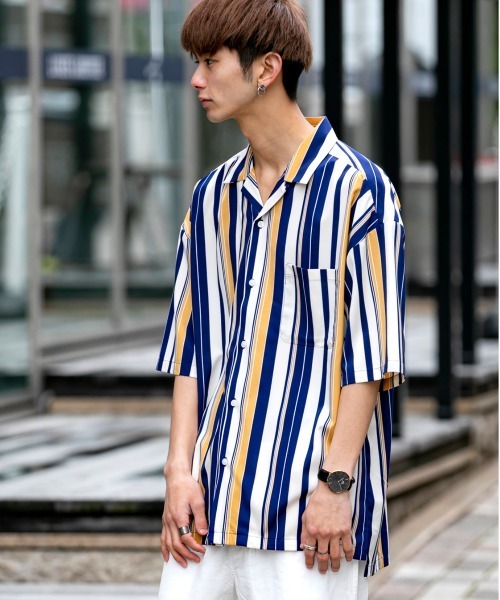 ADMIX/ATELIER SAB MEN(アドミックスアトリエサブメン)の「ストライプ プリント オーバーサイズ オープンカラー 半袖 シャツ(シャツ/ブラウス・メンズ・ブラック/ブルー/オレンジ・48/50)」の3枚目の写真