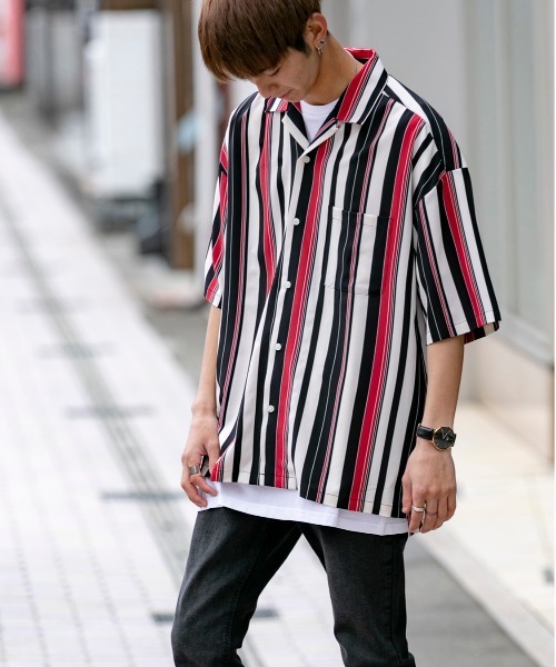 ADMIX/ATELIER SAB MEN(アドミックスアトリエサブメン)の「ストライプ プリント オーバーサイズ オープンカラー 半袖 シャツ(シャツ/ブラウス・メンズ・ブラック/ブルー/オレンジ・48/50)」の14枚目の写真