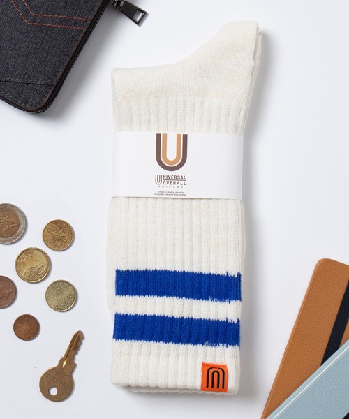 UNIVERSAL OVERALL(ユニバーサルオーバーオール)の「【UNIVERSAL OVERALL】LU-012 LU-405 ラインクルーソックス ロングソックス(ソックス/靴下・メンズ・ブラック/ネイビー/レッド/オレンジ/ブルー/グリーン/イエロー/グレー・S/M)」の1枚目の写真