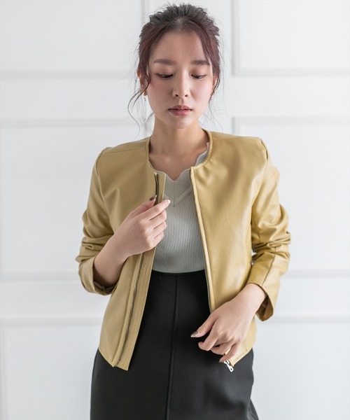 clear（クリア）の「ノーカラーフェイクレザージャケット（ライダース