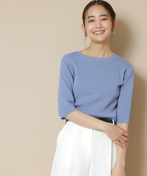 N.（N. Natural Beauty Basic）（エヌエヌナチュラルビューティーベーシック）の「◆ハイツイストコットンレーヨンランダムリブニット（Tシャツ/カットソー・レディース・アッシュブラウン/ネイビー/オレンジ/クリーム/ブルー・MEDIUM）」の4枚目の写真