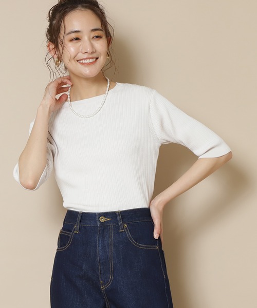 N.（N. Natural Beauty Basic）（エヌエヌナチュラルビューティーベーシック）の「◆ハイツイストコットンレーヨンランダムリブニット（Tシャツ/カットソー・レディース・アッシュブラウン/ネイビー/オレンジ/クリーム/ブルー・MEDIUM）」の2枚目の写真