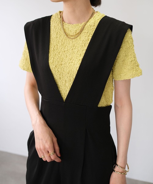 ANDJ(アンドジェイ)の「クラッシュジャガードTシャツ(Tシャツ/カットソー・レディース・オフホワイト/ブラック/ライム・M)」の1枚目の写真