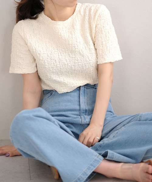 ANDJ(アンドジェイ)の「クラッシュジャガードTシャツ(Tシャツ/カットソー・レディース・オフホワイト/ブラック/ライム・M)」の7枚目の写真