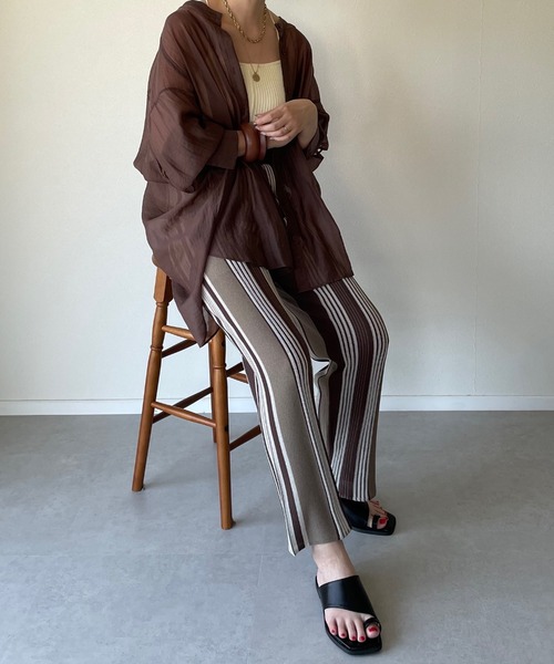 y/m by misato（イムバイミサト）の「リネンタッチランダムストライプパンツ（その他パンツ・レディース・ベージュ/ブラウン・FREE）」の2枚目の写真