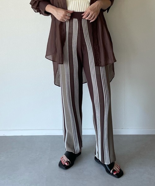 y/m by misato（イムバイミサト）の「リネンタッチランダムストライプパンツ（その他パンツ・レディース・ベージュ/ブラウン・FREE）」の3枚目の写真
