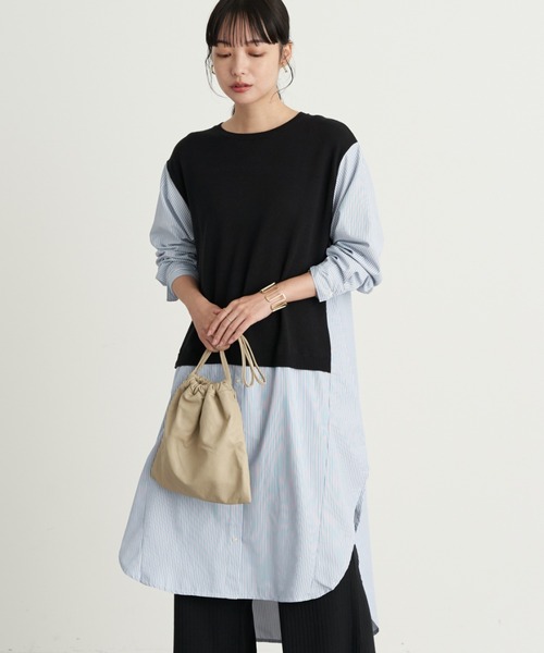 earth music&ecology（アースミュージックアンドエコロジー）の「レイヤード風ニットワンピース ＊（ワンピース・レディース・ブラック/ライトベージュ/ミント・FREE）」の2枚目の写真