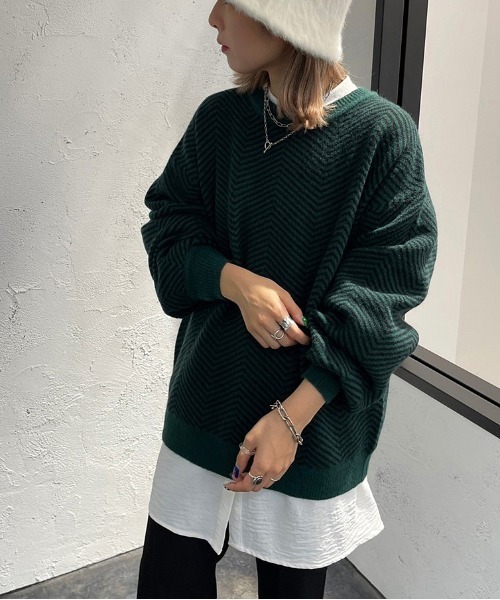 apres jour mignon(アプレジュールミニョン)の「ヘリンボーン柄ニット【ZOZOTOWN限定アイテム】(ニット/セーター・レディース・モカ/グリーン系その他/ブラック系その他・フリー/X-LARGE)」の3枚目の写真