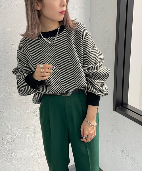 apres jour mignon(アプレジュールミニョン)の「ヘリンボーン柄ニット【ZOZOTOWN限定アイテム】(ニット/セーター・レディース・モカ/グリーン系その他/ブラック系その他・フリー/X-LARGE)」の14枚目の写真