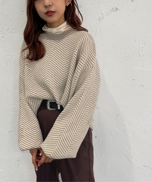 apres jour mignon(アプレジュールミニョン)の「ヘリンボーン柄ニット【ZOZOTOWN限定アイテム】(ニット/セーター・レディース・モカ/グリーン系その他/ブラック系その他・フリー/X-LARGE)」の13枚目の写真