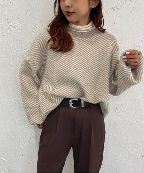 apres jour mignon(アプレジュールミニョン)の「ヘリンボーン柄ニット【ZOZOTOWN限定アイテム】(ニット/セーター・レディース・モカ/グリーン系その他/ブラック系その他・フリー/X-LARGE)」の11枚目の写真