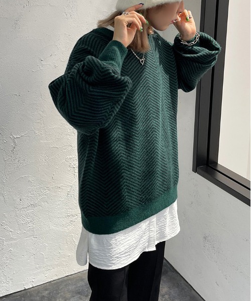 apres jour mignon(アプレジュールミニョン)の「ヘリンボーン柄ニット【ZOZOTOWN限定アイテム】(ニット/セーター・レディース・モカ/グリーン系その他/ブラック系その他・フリー/X-LARGE)」の5枚目の写真