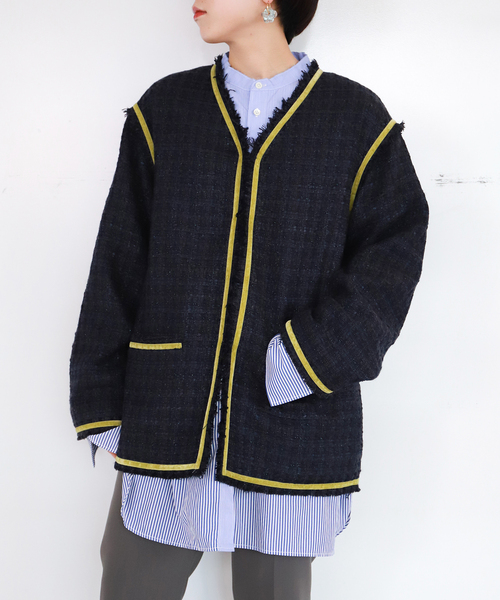 CITYSHOP（シティーショップ）の「FANCY TWEED ジャケット（ノーカラージャケット・レディース・ブラック/サックスブルー・36/38）」の2枚目の写真