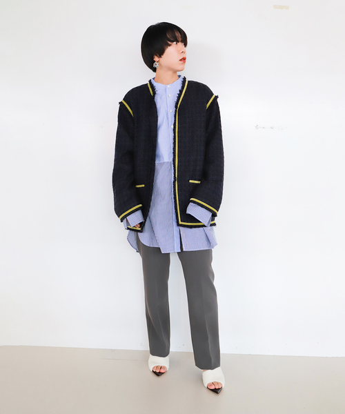 CITYSHOP（シティーショップ）の「FANCY TWEED ジャケット（ノーカラージャケット・レディース・ブラック/サックスブルー・36/38）」の4枚目の写真