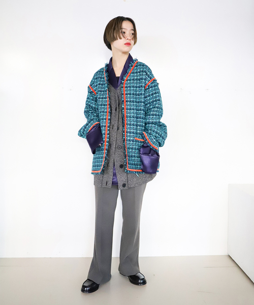 CITYSHOP（シティーショップ）の「FANCY TWEED ジャケット（ノーカラージャケット・レディース・ブラック/サックスブルー・36/38）」の6枚目の写真