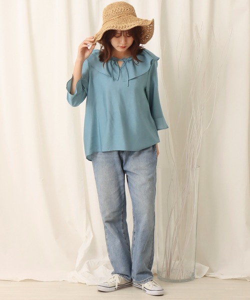 libelle more（リベル モア）の「微光沢ラッフルカラーブラウス（シャツ/ブラウス・レディース・ブラック/ライトブルー/ピンク/オフホワイト・L/M）」の11枚目の写真