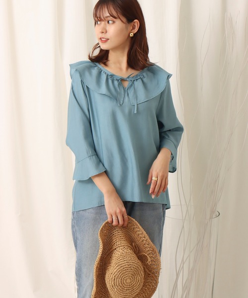 libelle more（リベル モア）の「微光沢ラッフルカラーブラウス（シャツ/ブラウス・レディース・ブラック/ライトブルー/ピンク/オフホワイト・L/M）」の16枚目の写真