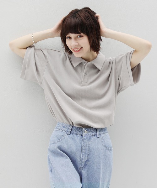 ETELIO（エテリオ）の「リップルプリーツビッグシルエットポロシャツ（ポロシャツ・メンズ・ベージュ/ライトグレー/ブラック/ワイン/ブルーグリーン・M/S/L）」の3枚目の写真