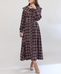 ショールカラーバックリボンチェックワンピース