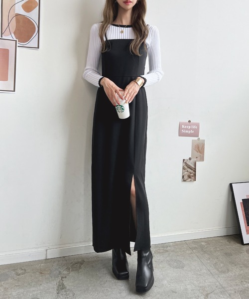 Futier land(フューティアランド)の「スリットキャミワンピース(ワンピース・レディース・キャメル/グリーン/ブラック/ライトベージュ/グレー・MEDIUM/LARGE)」の13枚目の写真