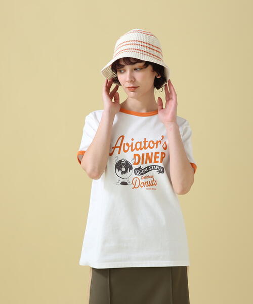 AVIREX(アヴィレックス)の「DONUT PRINT RINGER T-SHIRT/ ドーナツプリント リンガーTシャツ(Tシャツ/カットソー・レディース・オレンジ/ネイビー・FREE)」の16枚目の写真