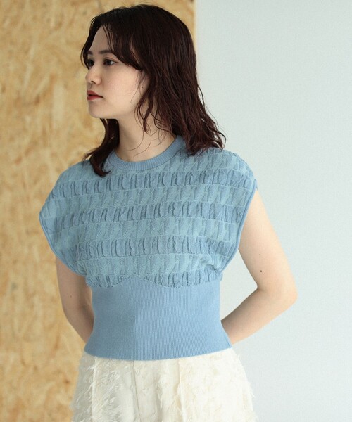 Ray BEAMS（レイビームス）の「RBS / フクレ ジャカード ノースリーブ（ニット/セーター・レディース・ライトブルー/ベージュ・ONE SIZE）」の12枚目の写真