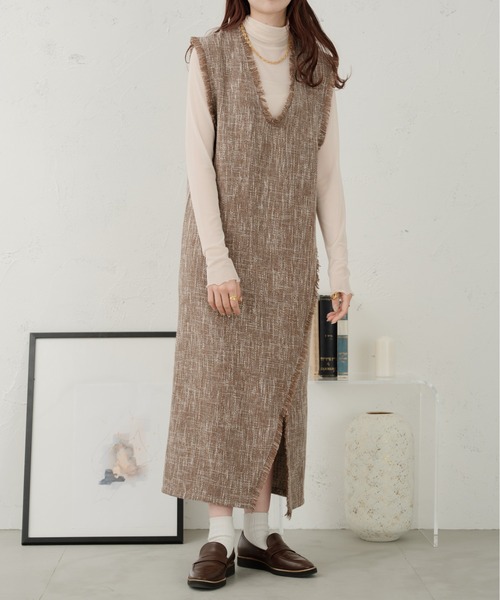 Ambre Ciel(アンブルシエル)の「ツイードサイドスリットワンピース/【WEB/EC限定商品】(ワンピース・レディース・アイボリー/ダークブラウン/ベージュ・FREE)」の3枚目の写真
