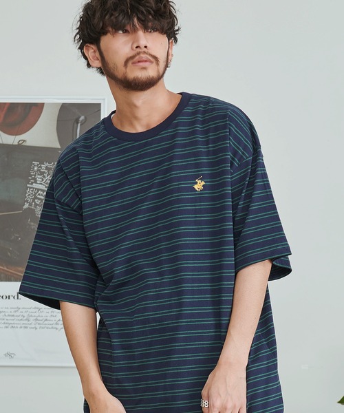 BEVERLY HILLS POLO CLUB(ビバリーヒルズポロクラブ)の「『BEVERLY HILLS POLO CLUB/ビバリーヒルズポロクラブ』天竺ボーダーワンポイント刺繍Tシャツ(Tシャツ/カットソー・メンズ・ネイビー/グリーン/ホワイト/スミクロ・XL/L/M)」の4枚目の写真