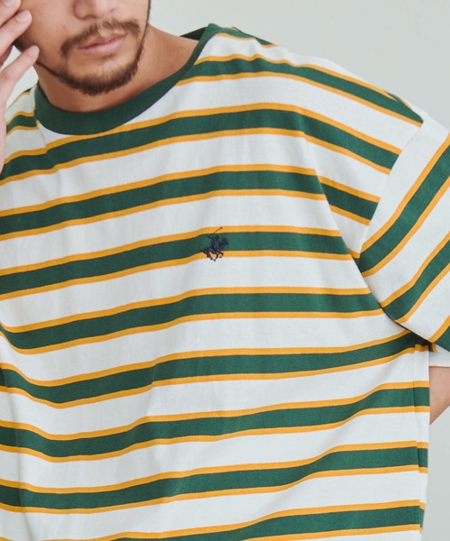 BEVERLY HILLS POLO CLUB(ビバリーヒルズポロクラブ)の「『BEVERLY HILLS POLO CLUB/ビバリーヒルズポロクラブ』天竺ボーダーワンポイント刺繍Tシャツ(Tシャツ/カットソー・メンズ・ネイビー/グリーン/ホワイト/スミクロ・XL/L/M)」の13枚目の写真