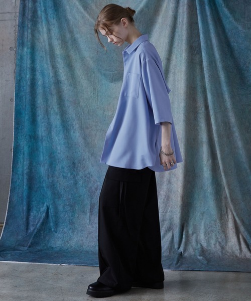 【boohoo】ソフトツイルスマート半袖シャツ＆トラウザーセット セットアップ】TRストレッチ オーバーサイズ ビックポケット