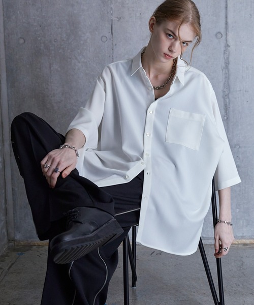 EFFLORESCENCE ネイビー 半袖シャツ(Lサイズ） EFFLORESCENCE ネイビー 半袖シャツ(Lサイズ） Cotton Gathered