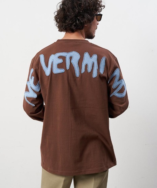STUD MUFFIN(スタッドマフィン)の「mlt4313-5.6ozコットン天竺 NEVERMINDパッチワーク LS Tシャツ(Tシャツ/カットソー・メンズ・ブラック/ホワイト/ブラウン・2/3/4)」の3枚目の写真