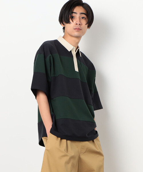Purple&Yellow（パープルアンドイエロー）の「Ｔ／Ｃインレイ パネルボーダー 半袖 ポロシャツ（ポロシャツ・メンズ・ダークブラウン/ネイビー/グリーン・SMALL/MEDIUM/LARGE）」の3枚目の写真