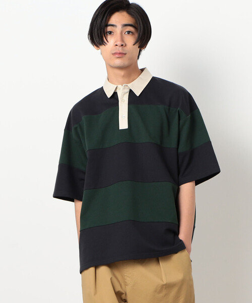 Purple&Yellow（パープルアンドイエロー）の「Ｔ／Ｃインレイ パネルボーダー 半袖 ポロシャツ（ポロシャツ・メンズ・ダークブラウン/ネイビー/グリーン・SMALL/MEDIUM/LARGE）」の5枚目の写真