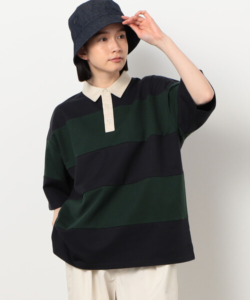 Purple&Yellow（パープルアンドイエロー）の「Ｔ／Ｃインレイ パネルボーダー 半袖 ポロシャツ（ポロシャツ・メンズ・ダークブラウン/ネイビー/グリーン・SMALL/MEDIUM/LARGE）」の8枚目の写真