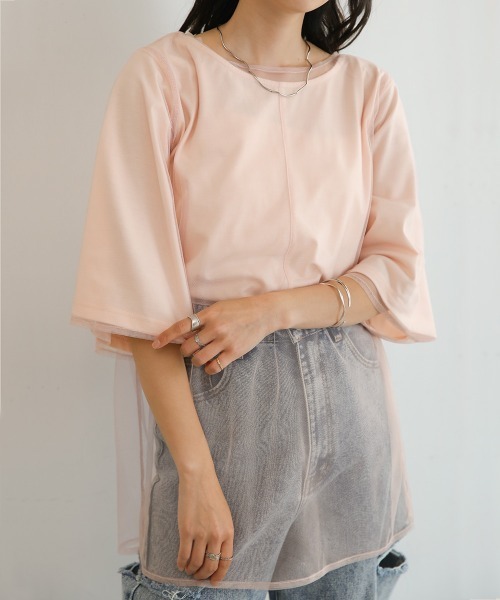 Bab(バブ)の「レイヤードチュールトップス(Tシャツ/カットソー・レディース・グレイッシュベージュ/ピンク/ホワイト系その他・M)」の10枚目の写真