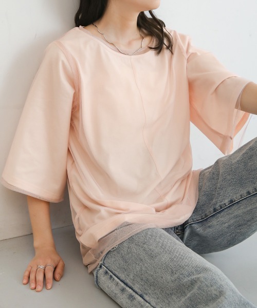 Bab(バブ)の「レイヤードチュールトップス(Tシャツ/カットソー・レディース・グレイッシュベージュ/ピンク/ホワイト系その他・M)」の4枚目の写真