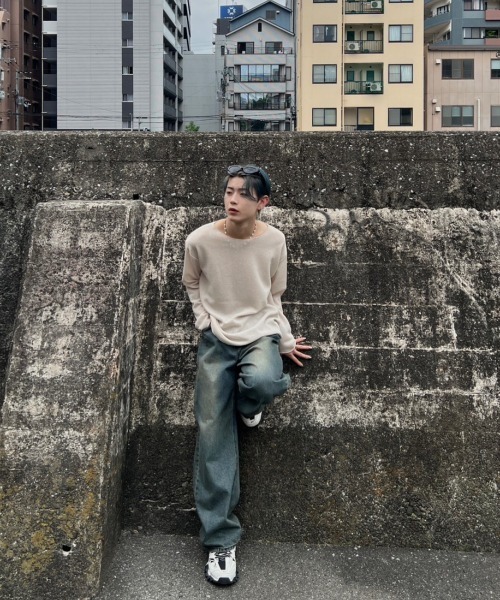 Chikashitsu +(チカシツプラス)の「【Chikashitsu +】see-through long sleeve knit / 【チカシツプラス】シースルー長袖ニット(ニット/セーター・メンズ・アイボリー/ブラック・ONE SIZE)」の3枚目の写真