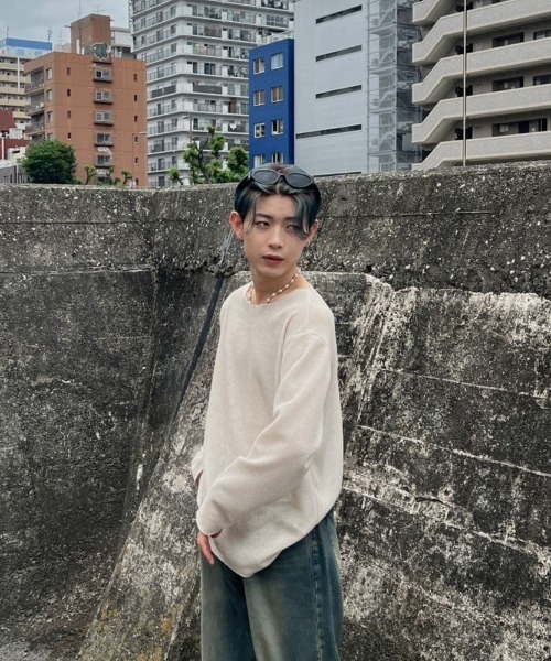 Chikashitsu +(チカシツプラス)の「【Chikashitsu +】see-through long sleeve knit / 【チカシツプラス】シースルー長袖ニット(ニット/セーター・メンズ・アイボリー/ブラック・ONE SIZE)」の10枚目の写真