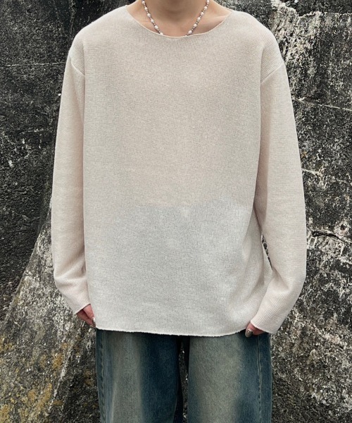 Chikashitsu +(チカシツプラス)の「【Chikashitsu +】see-through long sleeve knit / 【チカシツプラス】シースルー長袖ニット(ニット/セーター・メンズ・アイボリー/ブラック・ONE SIZE)」の4枚目の写真