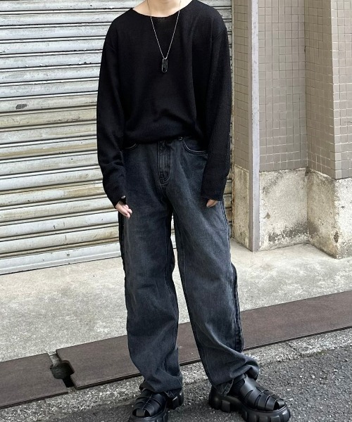 Chikashitsu +(チカシツプラス)の「【Chikashitsu +】see-through long sleeve knit / 【チカシツプラス】シースルー長袖ニット(ニット/セーター・メンズ・アイボリー/ブラック・ONE SIZE)」の20枚目の写真