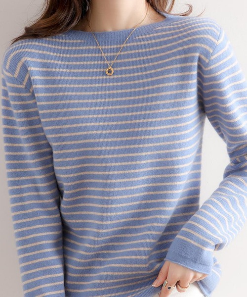 aimoha（アイモハ）の「ハイネック　ボーダーニットトップス（ニット/セーター・レディース・ブラック系その他/ブルー系その他/ブラック系その他2/ブルー系その他2/キャメル/ホワイト系その他・MEDIUM/X-LARGE/LARGE）」の12枚目の写真