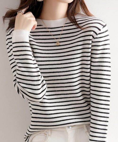 aimoha（アイモハ）の「ハイネック　ボーダーニットトップス（ニット/セーター・レディース・ブラック系その他/ブルー系その他/ブラック系その他2/ブルー系その他2/キャメル/ホワイト系その他・MEDIUM/X-LARGE/LARGE）」の9枚目の写真