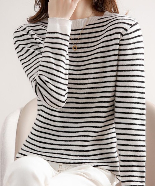 aimoha（アイモハ）の「ハイネック　ボーダーニットトップス（ニット/セーター・レディース・ブラック系その他/ブルー系その他/ブラック系その他2/ブルー系その他2/キャメル/ホワイト系その他・MEDIUM/X-LARGE/LARGE）」の10枚目の写真