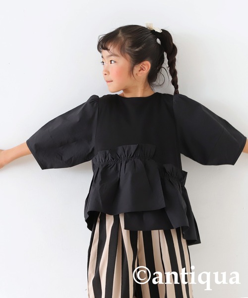 antiqua（アンティカ）の「ドッキングフレアギャザートップス（Tシャツ/カットソー・キッズ・ブルー/ブラック・160/140/150/130）」の5枚目の写真