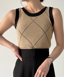 ダイヤ透かし柄ニットタンクトップ