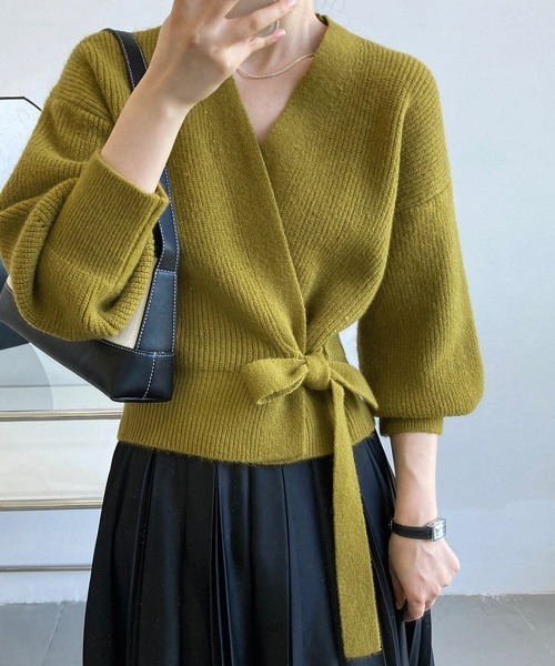 Miniministore(ミニミニストア)の「ニットトップス カシュクールニット 韓国(ニット/セーター・レディース・ブラック/アイボリー/グレー/モカ/グリーン・フリー)」の5枚目の写真