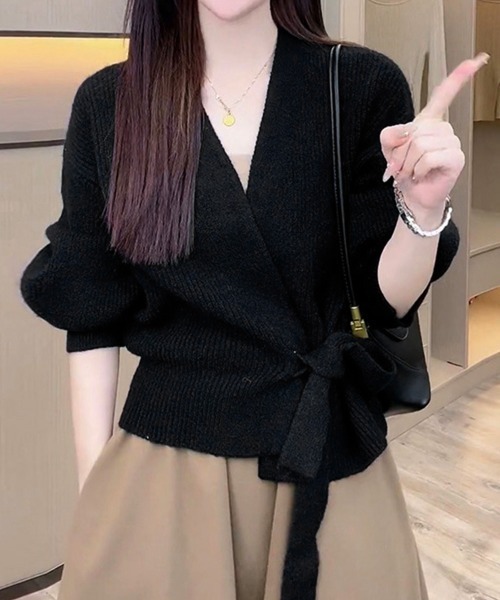 Miniministore(ミニミニストア)の「ニットトップス カシュクールニット 韓国(ニット/セーター・レディース・ブラック/アイボリー/グレー/モカ/グリーン・フリー)」の1枚目の写真